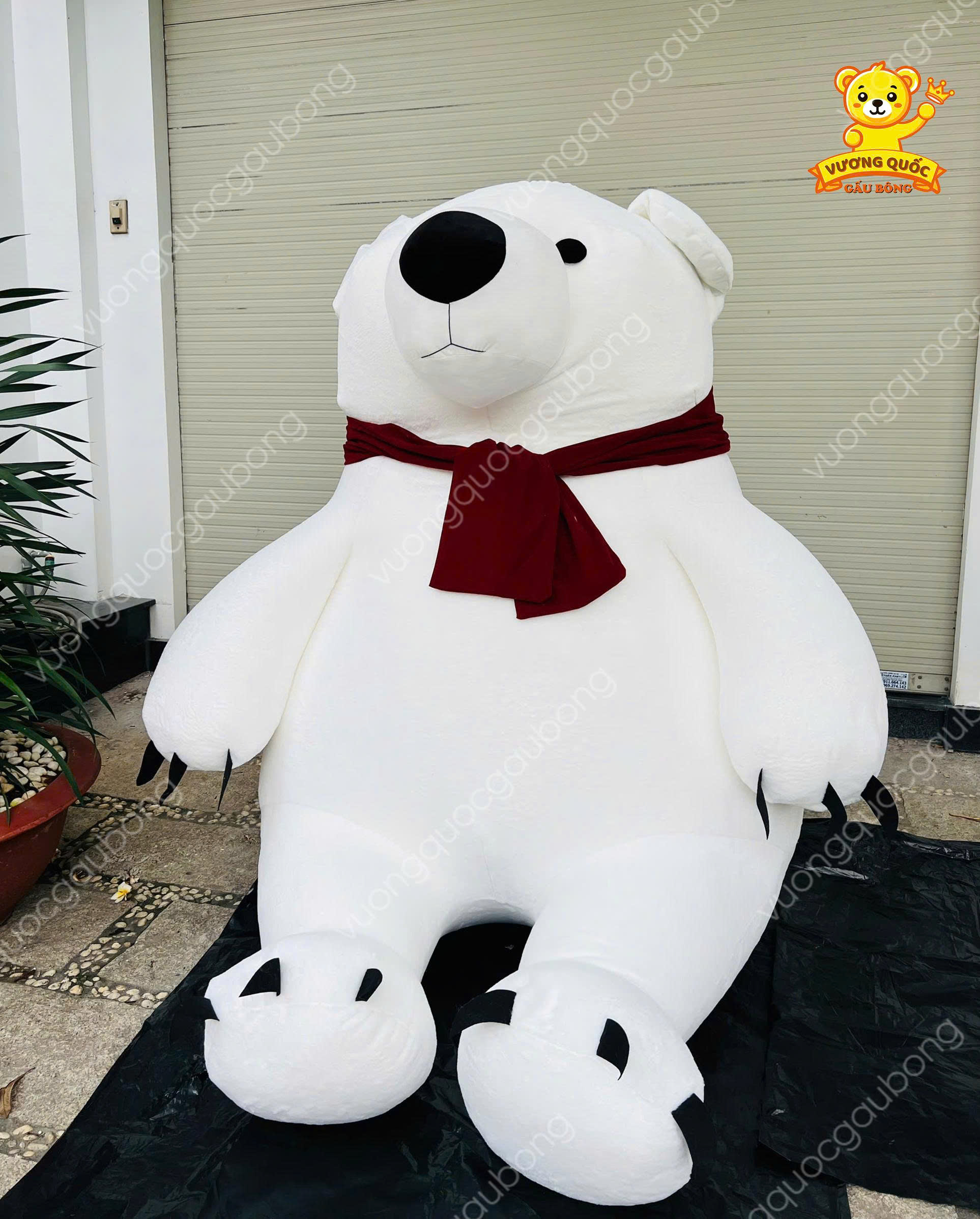 Cận cảnh gấu Bắc Cực khổng lồ quàng khăn đỏ - sản phẩm thật Vương Quốc Gấu Bông